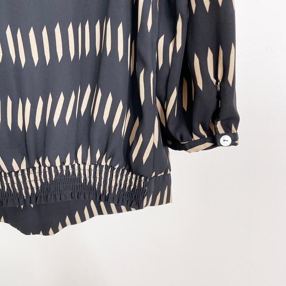The Limited M Black Cream Striped Hash Printed Tie Neck Blouse Top 3/4 Sleeve - Picture 6 of 7